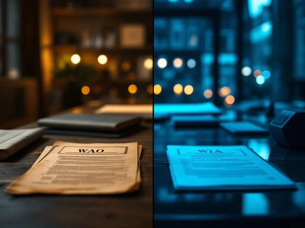 Vergelijking van WAO-documenten op vintage bureau en WIA-papieren op modern bureau met overheidsgebouw op achtergrond