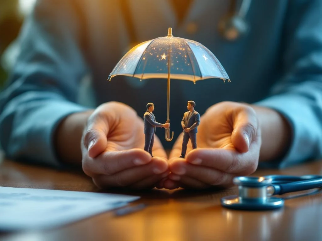 Professionele handen houden beschermende paraplu boven miniatuur werknemers op bureau met medische en juridische documenten