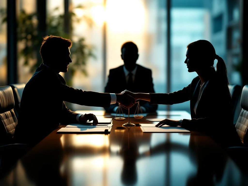 Professionele werkplek mediation met drie silhouetten rond vergadertafel, weegschaal en documenten voor eerlijke onderhandeling