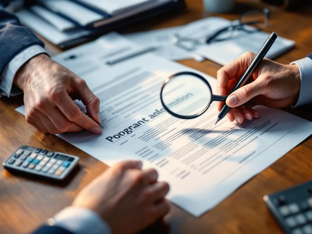 Handen die officiële documenten controleren op houten bureau met vergrootglas, calculator en mappen voor financiële analyse