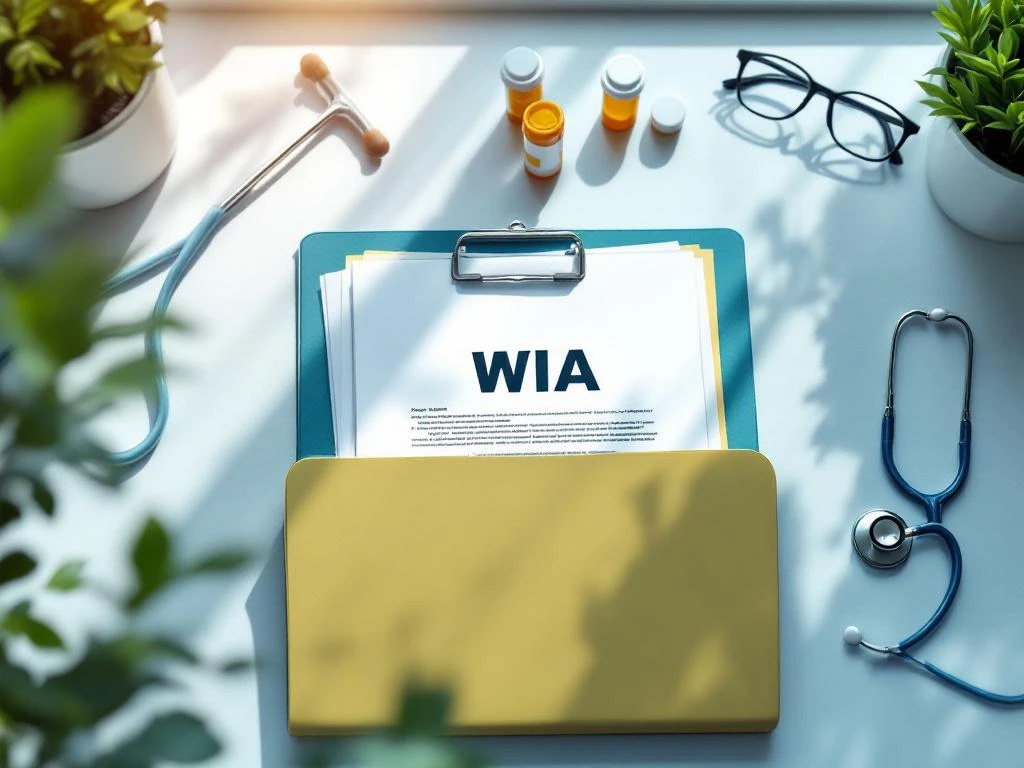 Medisch dossier met WIA-documenten op bureau, omringd door stethoscoop, medicijnen en wandelstok