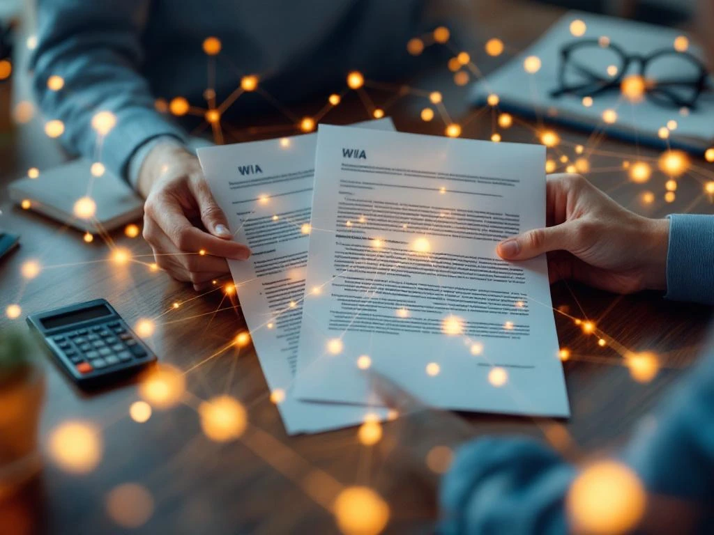 Handen houden WIA-documenten vast op houten bureau met rekenmachine, pen en bril, gouden lichtnetwerk op achtergrond