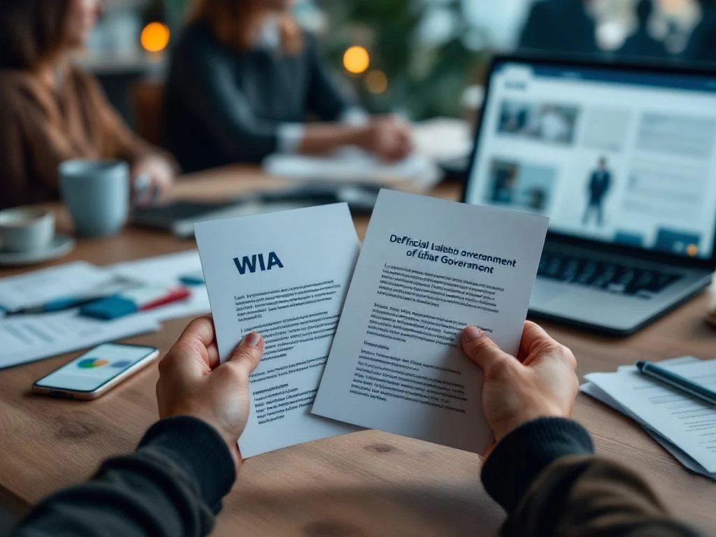 Handen houden WIA-documenten vast op bureau met laptop, smartphone en professionele begeleiding materialen