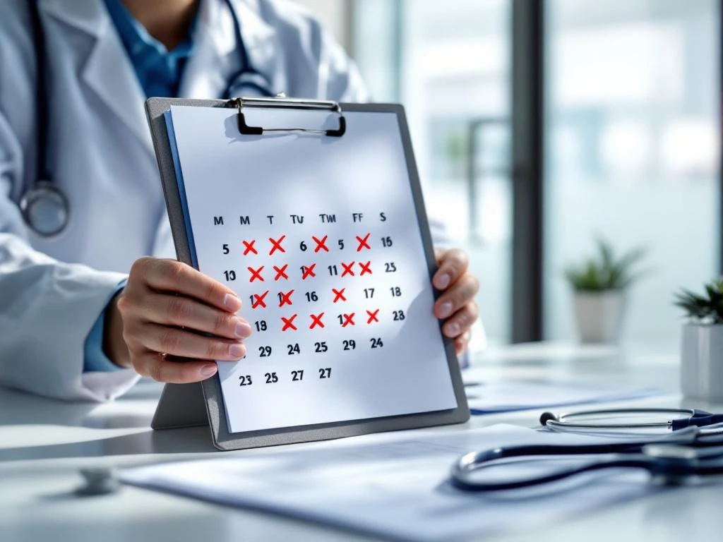 Handen met klembord en medische documenten naast stethoscoop en kalender met doorgestreepte dagen op bureau