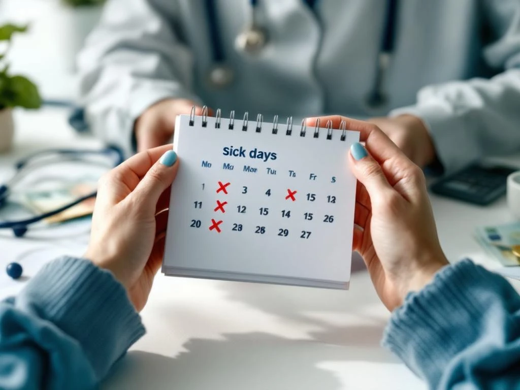 Handen houden kalender met rode kruisjes voor ziektedag, omringd door stethoscoop en thermometer op wit bureau