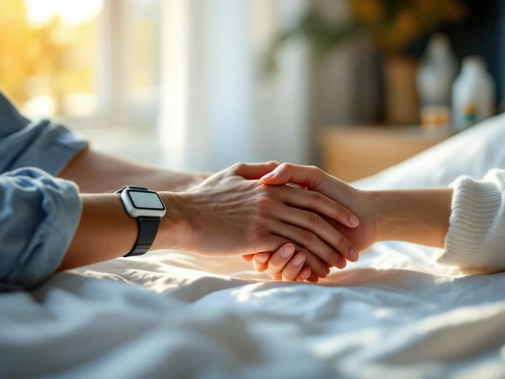 Twee handen die elkaar vasthouden boven een bed, met medische armband en medicijnen op nachtkastje