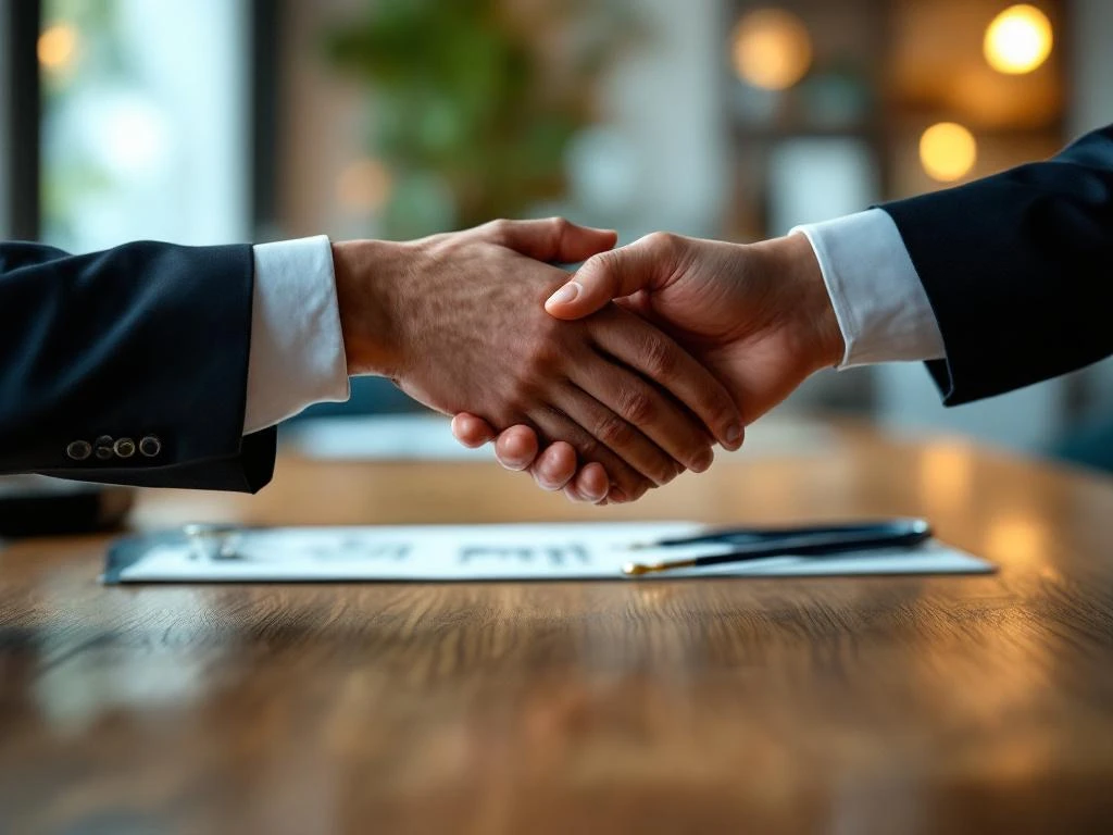 Twee professionele handen reiken naar elkaar over houten vergadertafel met documenten en stethoscoop, moderne kantooromgeving