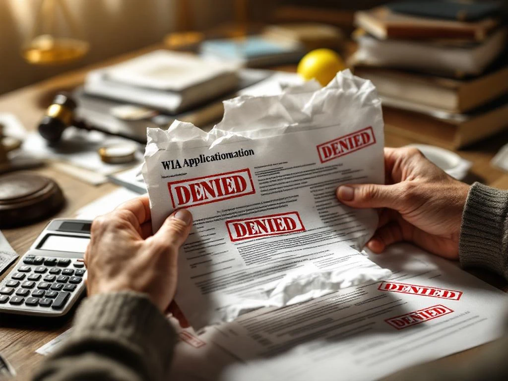 Handen houden afgewezen WIA-formulieren met rode 'DENIED' stempels op bureau met calculator en stress bal