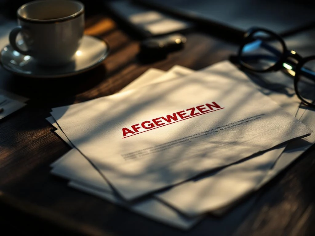 Afwijzingsbrief met rode "AFGEWEZEN" stempel op donkere houten bureau, omringd door papieren en bril