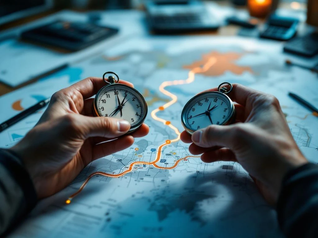 Professionele handen houden kompas en klok boven wegenkaart met oranje en blauwe routes in moderne werkruimte
