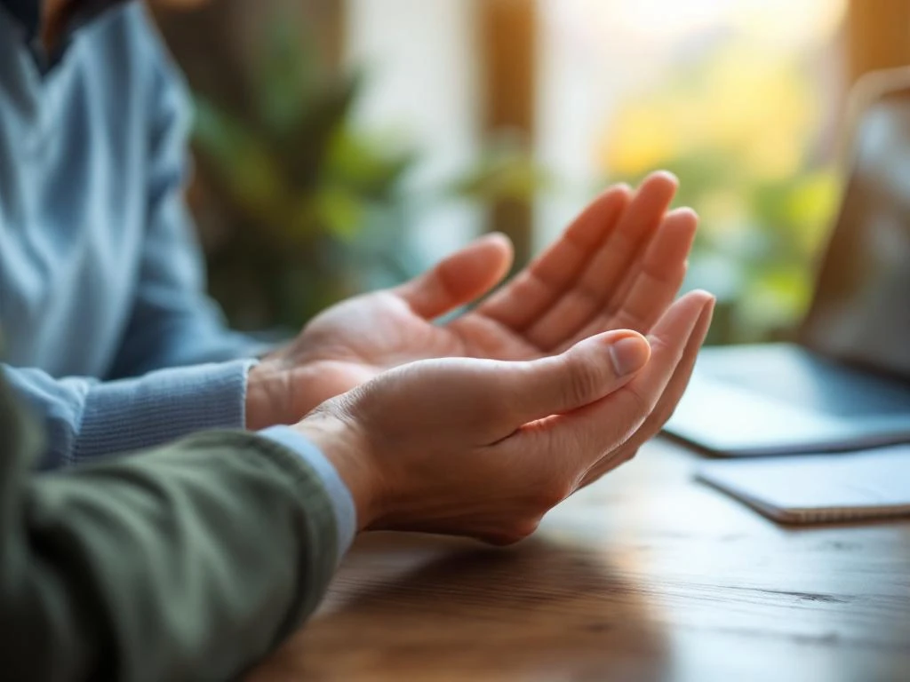 Ondersteunende handen tijdens fibromyalgie consultatie in professionele zorgomgeving met zachte ochtendverlichting