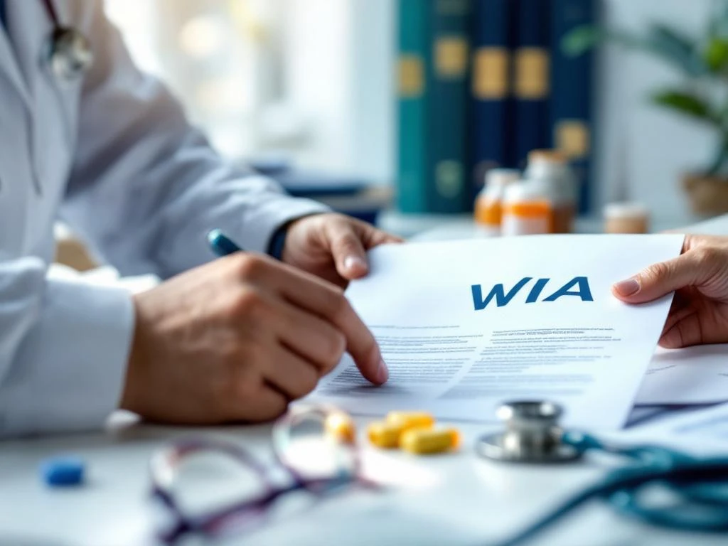 Handen houden WIA-document vast op bureau met medicijnen, stethoscoop en juridische boeken op achtergrond