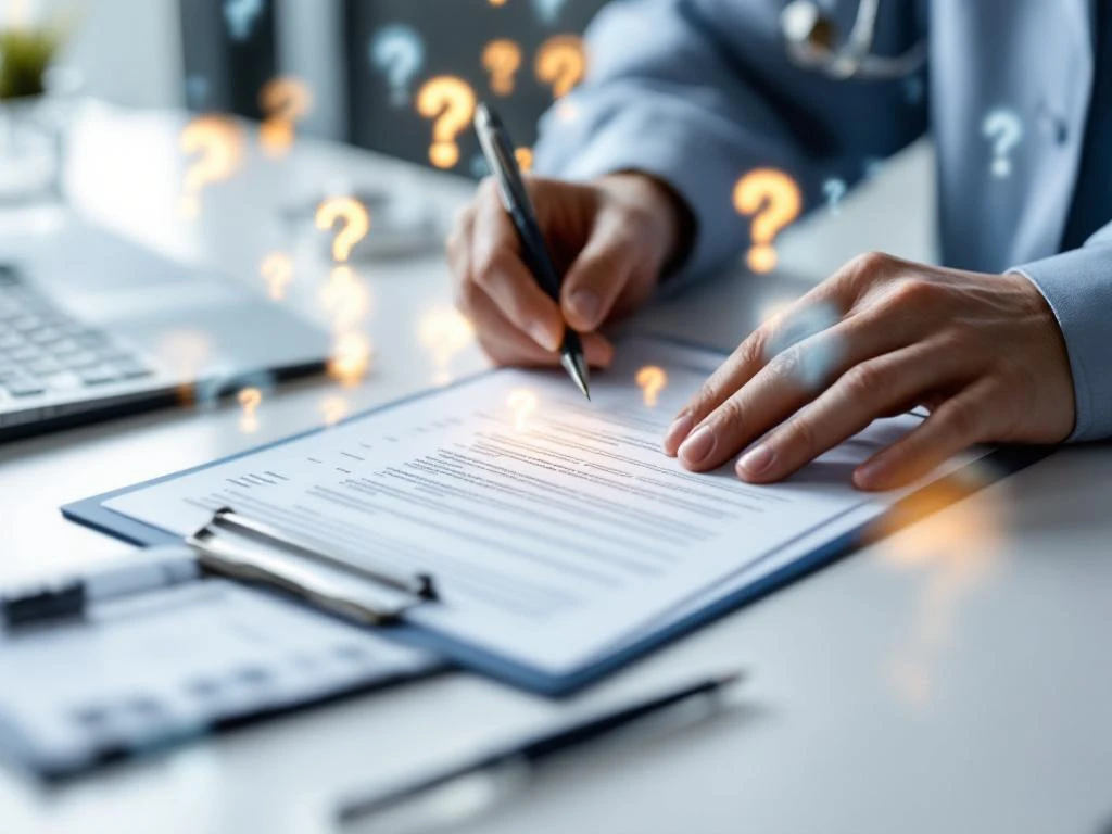 Handen die klembord met officiële documenten vasthouden, omringd door zwevende vraagtekens op wit bureau