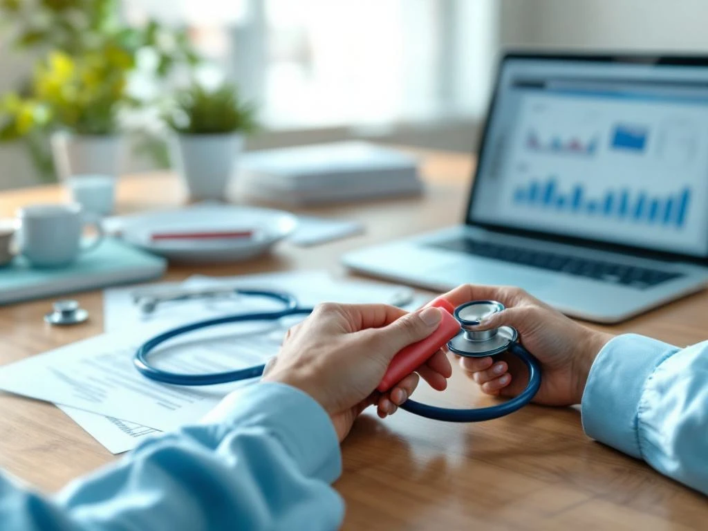 Handen houden stethoscoop en inhalator op houten bureau met medische documenten en laptop op achtergrond
