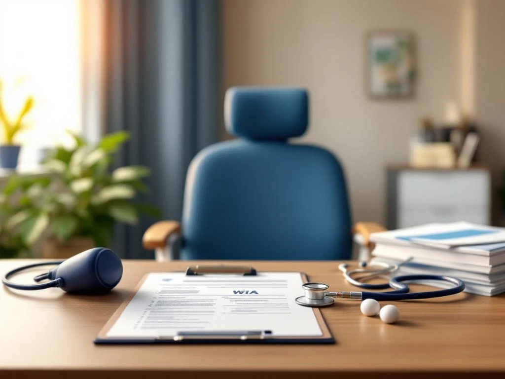 Moderne doktersspreekkamer met stethoscoop, medische formulieren en patiëntenstoel in kalme blauwe en witte tinten