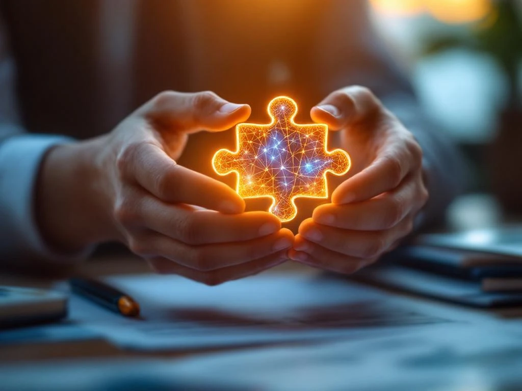 Ondersteunende handen houden gloeiend puzzelstuk vast, symboliseert MS-ondersteuning in professionele kantooromgeving