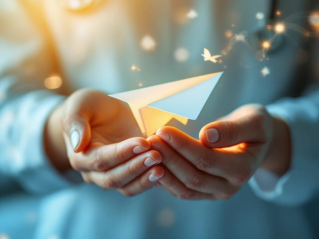 Ondersteunende handen houden voorzichtig papieren vliegtuigje van documenten vast, symboliseert begeleiding door bureaucratie
