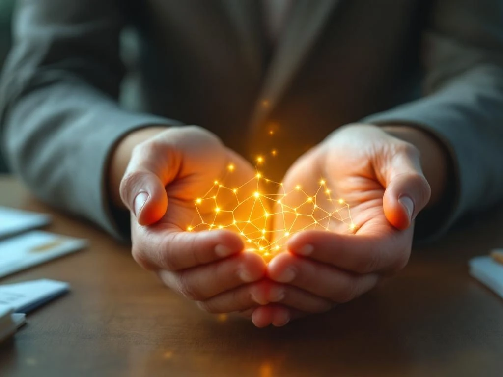 Ondersteunende handen die een gouden veiligheidsnet vasthouden, met officiële documenten op houten bureau op achtergrond