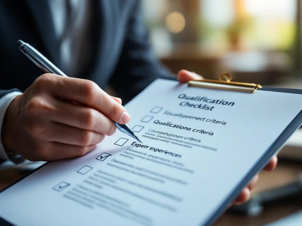 Professionele handen vullen checklist met kwalificatiecriteria in met pen in modern kantoor