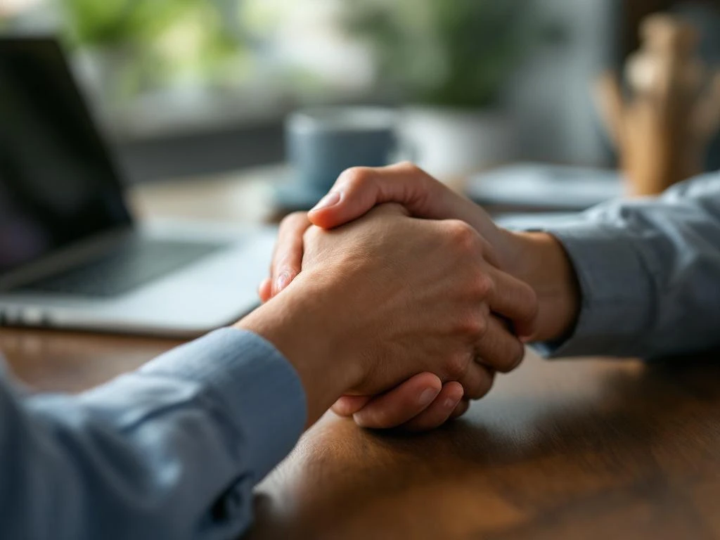 Ondersteunende handen bieden hulp aan geklapte handen op houten bureau in professionele consultatieomgeving