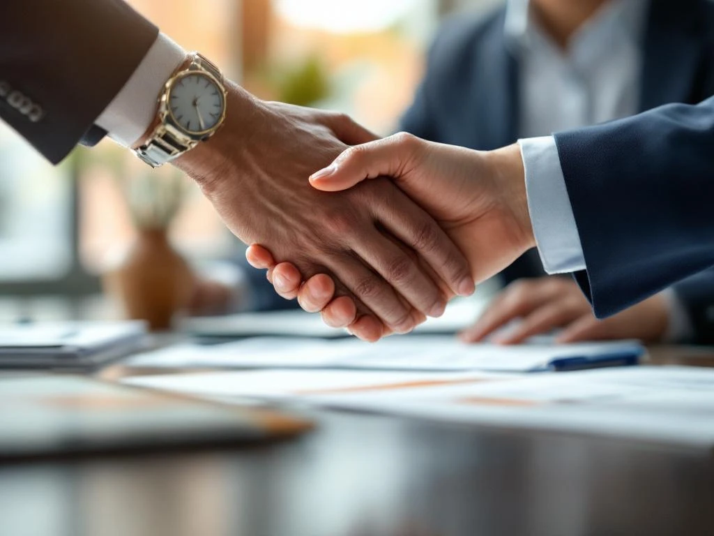 Twee professionele handen reiken naar elkaar in ondersteunend gebaar tijdens zakelijke consultatie op modern kantoor