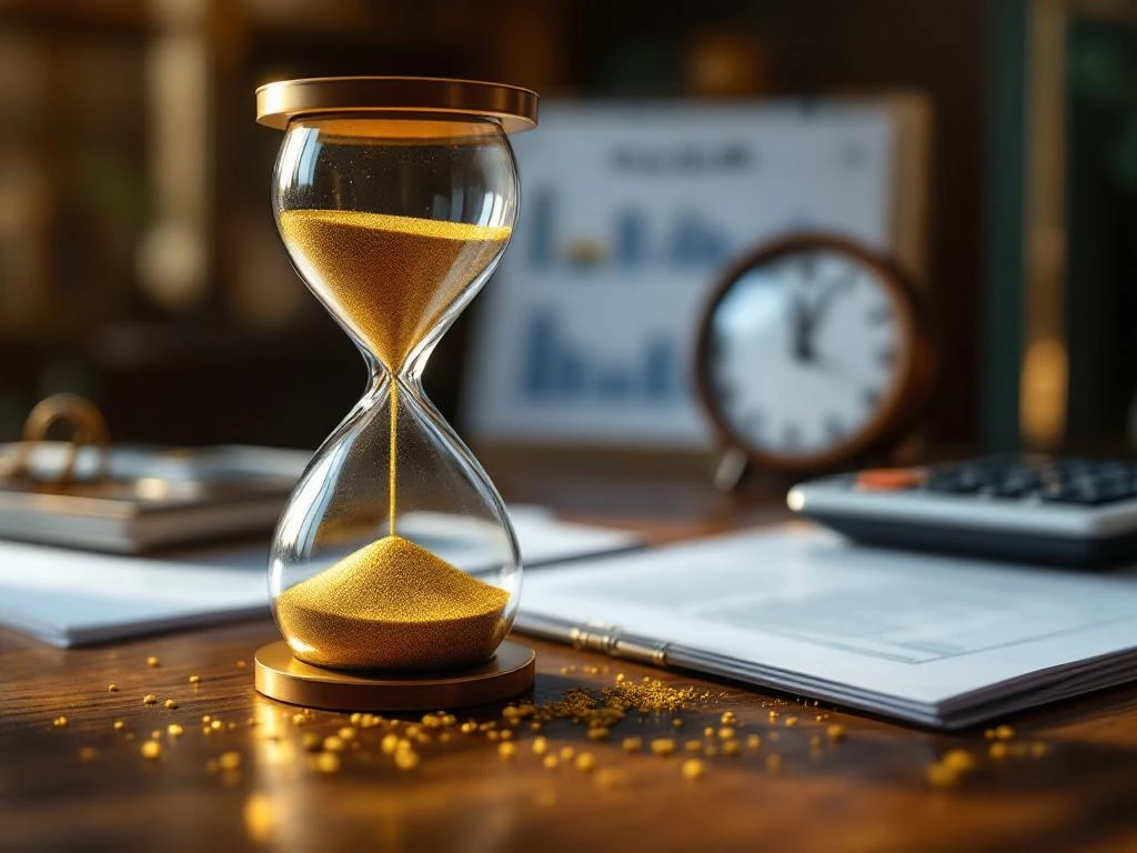 Elegante zandloper met gouden zand op houten bureau naast documenten, rekenmachine en kalender voor tijdbeheer