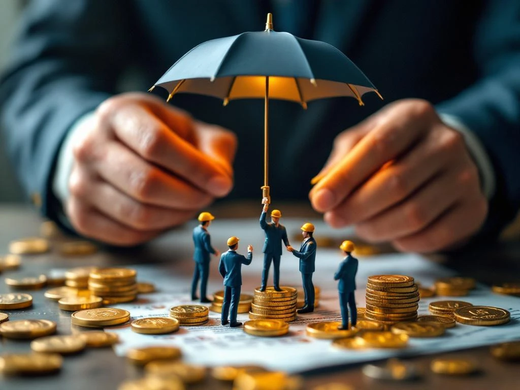 Professionele handen houden beschermende paraplu boven miniatuur werknemers met gouden munten en officiële documenten