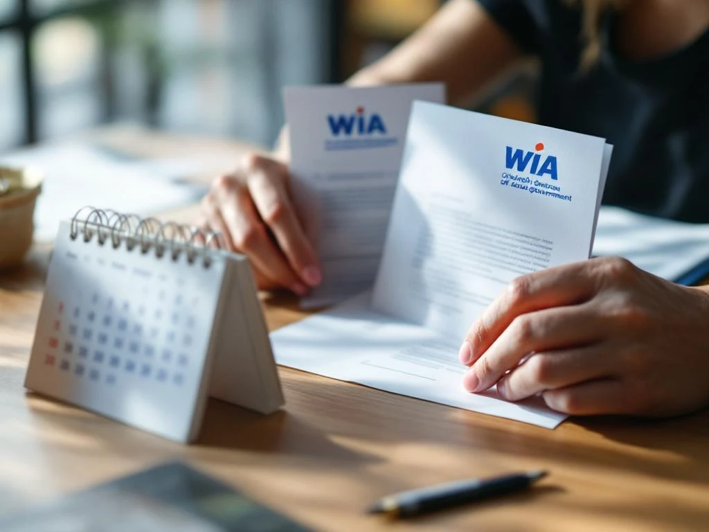 Handen houden WIA-documenten van Nederlandse overheid vast op houten bureau met kalender en pen in voorgrond