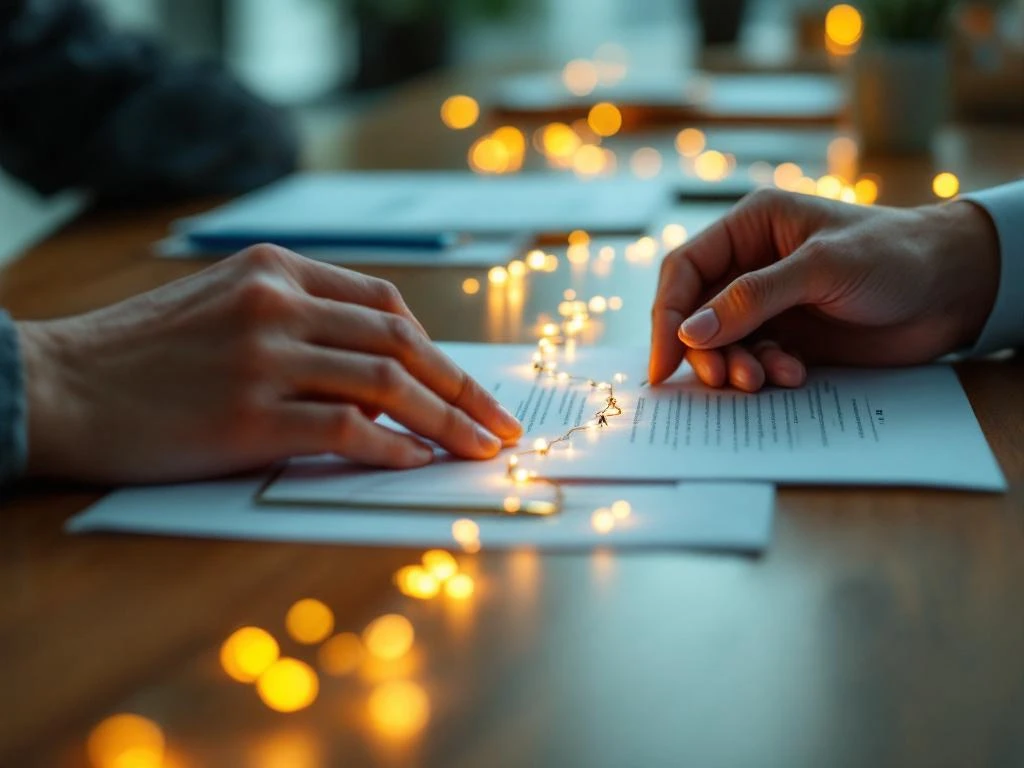 Ondersteunende handen begeleiden persoon door WIA-documenten op houten bureau met warme, professionele verlichting