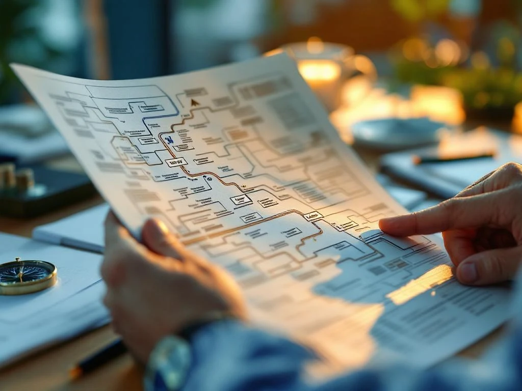 Professionele handen houden gedetailleerde routekaart vast met verbonden stappen, kompas en documenten op bureau