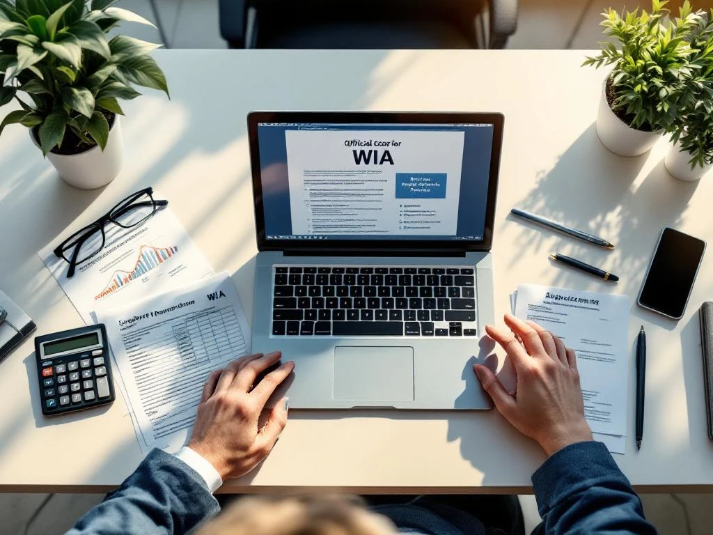 Moderne kantoorbureau met laptop met WIA-documentatie, rekenmachine en ondersteunend handgebaar voor werkgeversbegeleiding