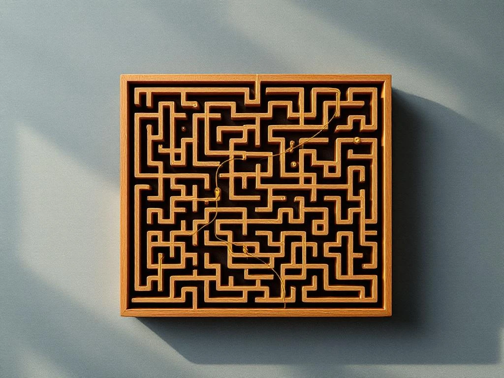 Houten doolhof met gouden draad die het juiste pad toont, symboliseert WIA-proces begeleiding op moderne bureau