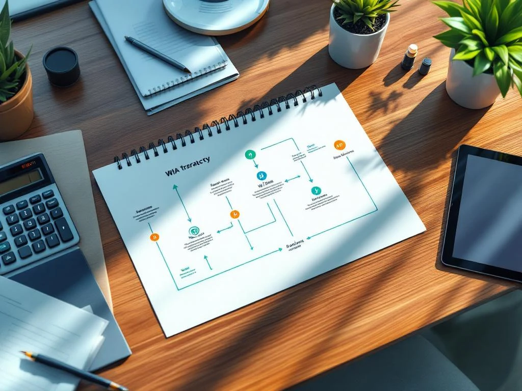 Stroomdiagram WIA-traject op houten bureau met documenten, calculator en tablet met voortgangsindicatoren