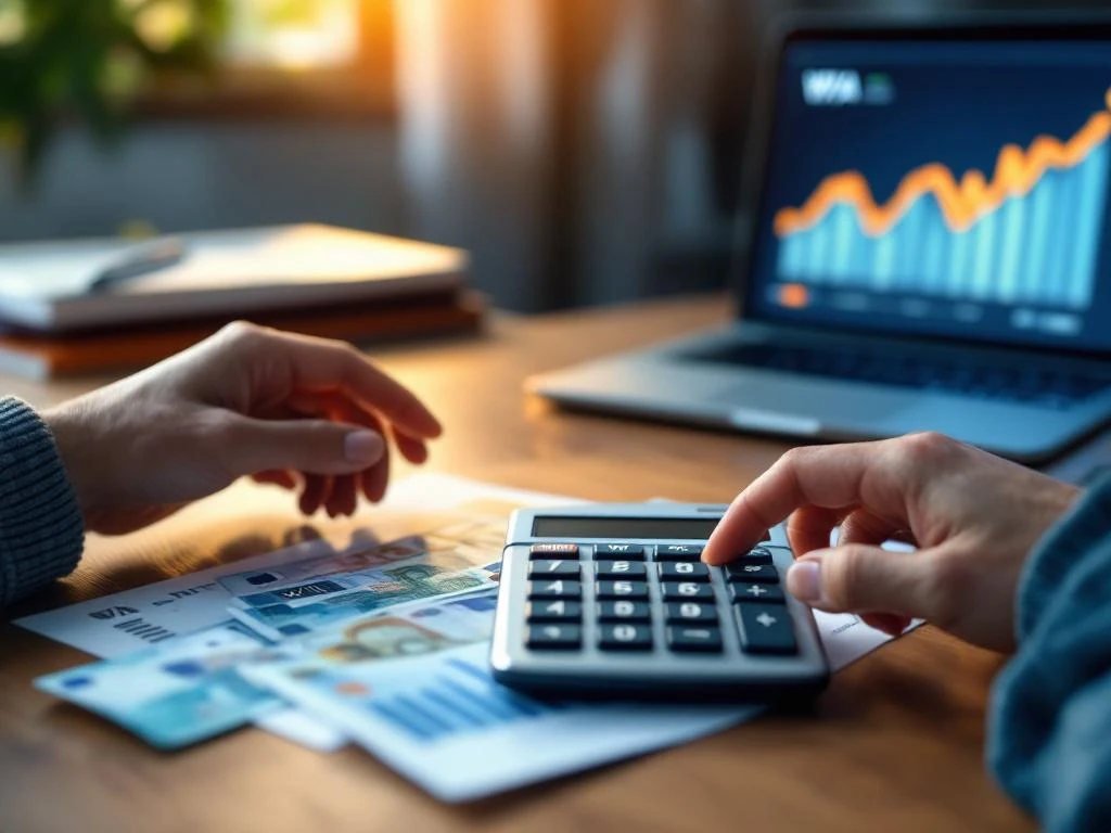 Handen met rekenmachine tonen stijgende cijfers naast Nederlandse eurobiljetten en WIA-documenten op houten bureau