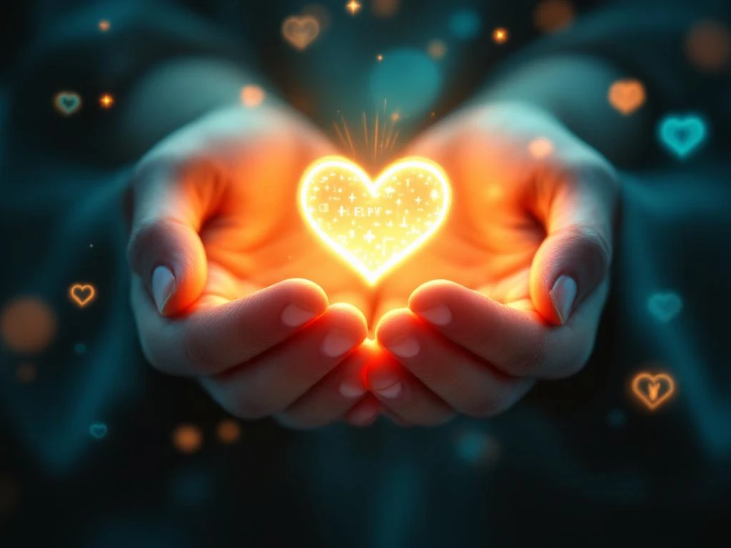 Ondersteunende handen die een gloeiend hartsymbool vasthouden, omringd door medische pictogrammen in zachte blauwe tinten