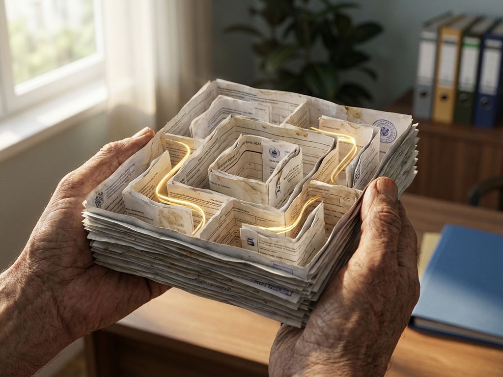 Ervaren handen houden papieren doolhof van officiële documenten vast, gouden licht toont oplossingen voor bureaucratie