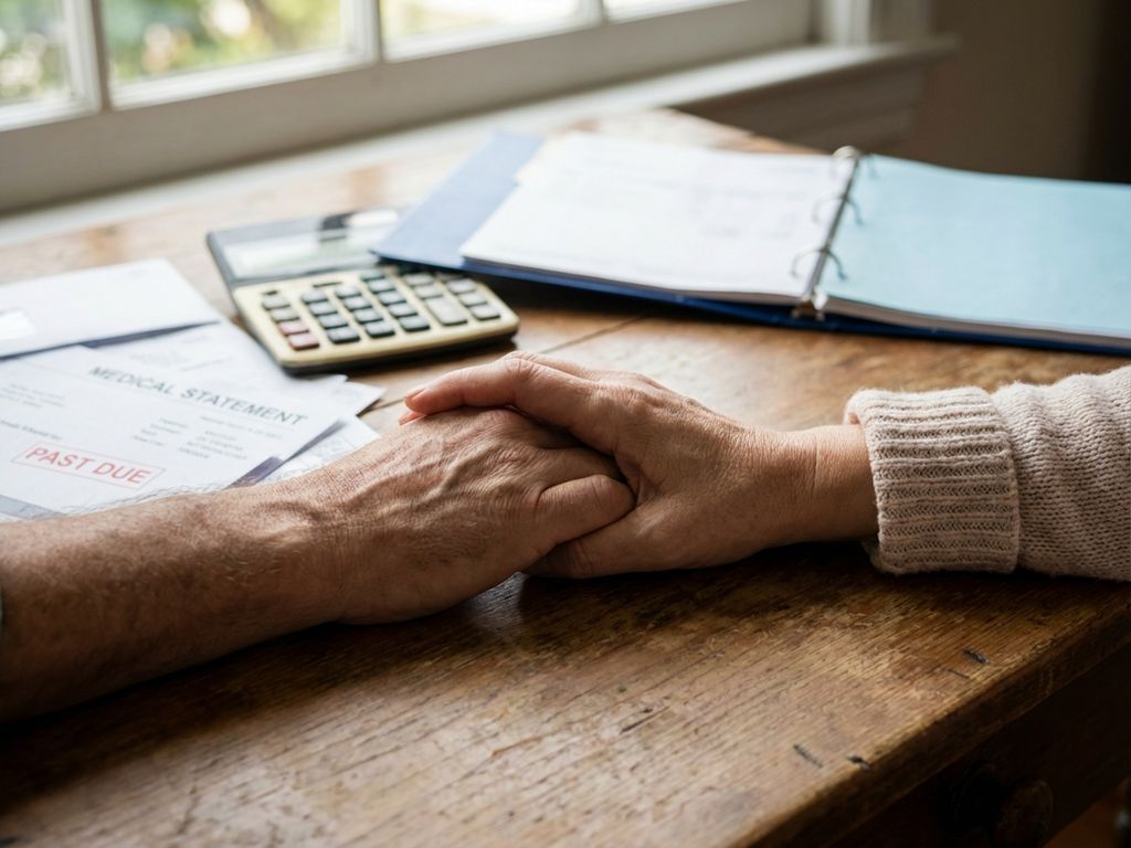 Twee handen die elkaar vasthouden boven tafel met financiële documenten en rekeningen op de achtergrond