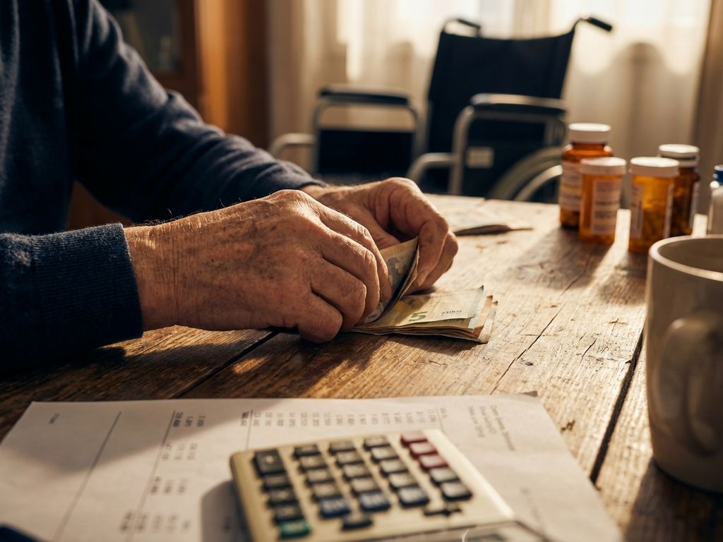 Verweerde handen tellen eurobiljetten op houten bureau met rekenmachine, financiële documenten en medicijnflesjes op achtergrond