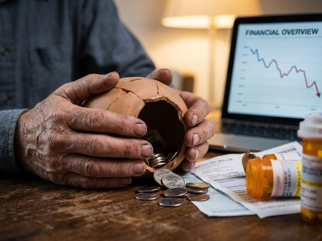 Verweerde handen houden kapotte spaarvarken vast met uitgevallen munten, omringd door medische rekeningen en medicijnflesjes