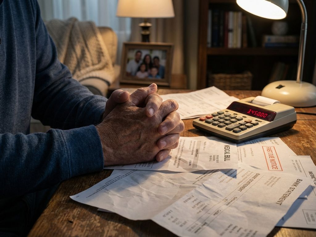 Bezorgde handen houden medische rekeningen en financiële documenten vast op houten bureau met calculator