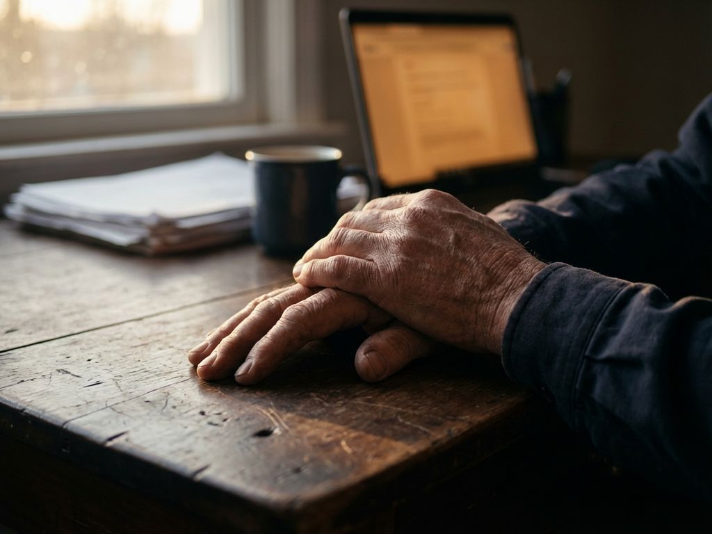 Verweerde handen rusten op houten bureau met laptop en documenten op achtergrond in warm, zacht licht