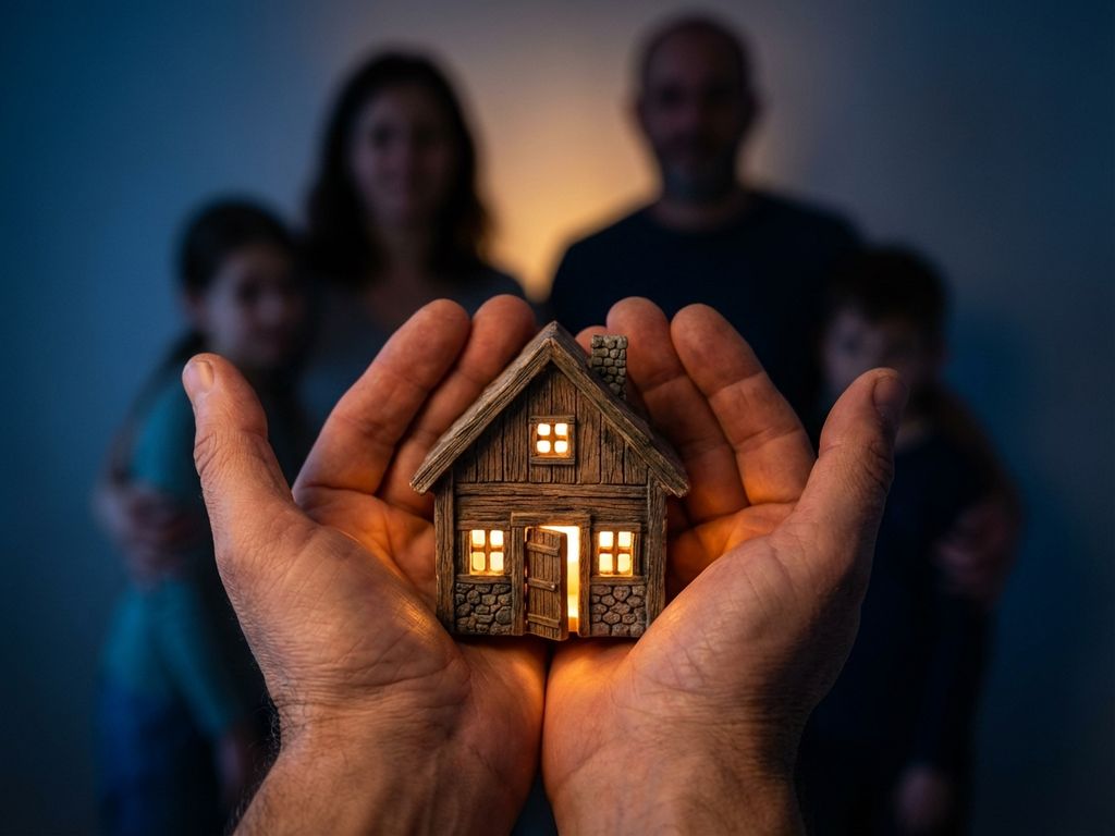 Beschermende handen koesteren miniatuurhuis met gloeiende ramen, familie silhouetten op achtergrond, veiligheid concept