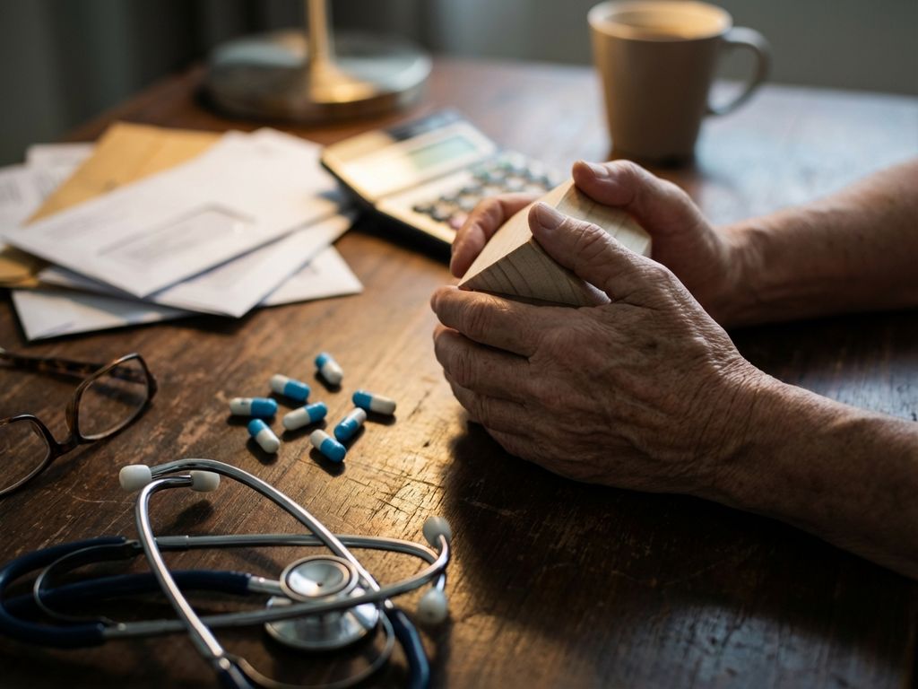 Bezorgde handen houden houten huisvormig blok vast naast medische pillen en stethoscoop op donker houten bureau