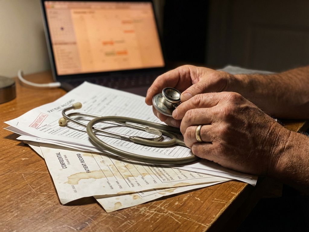 Verweerde handen houden stethoscoop vast naast medische documenten op houten bureau met laptop op achtergrond