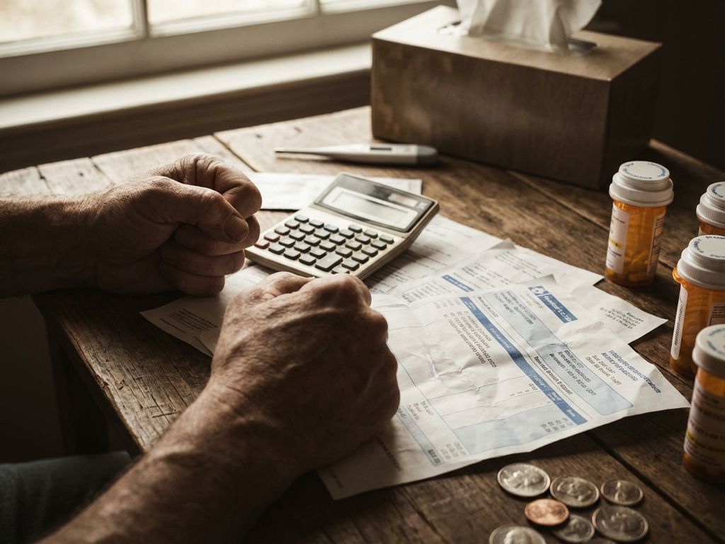 Bezorgde handen met rekenmachine omringd door medische rekeningen en medicijnflesjes op houten bureau