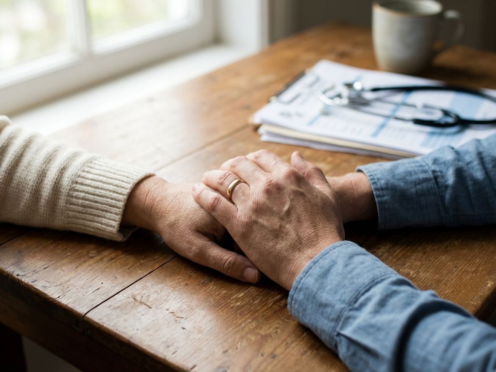 Twee handen die elkaar vasthouden op houten tafel met medische documenten en stethoscoop op achtergrond