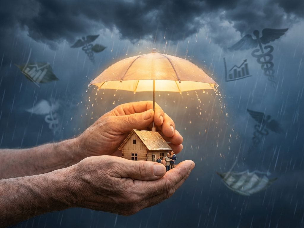 Verweerde handen houden beschermende paraplu boven miniatuur huis en familie tijdens storm met gouden licht