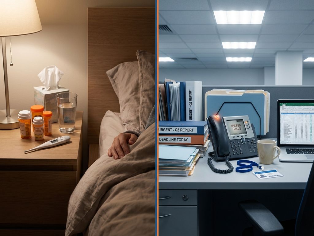 Zieke werknemer dilemma: thermometer en medicijnen links, rinkelende telefoon en documenten op kantoorbureau rechts
