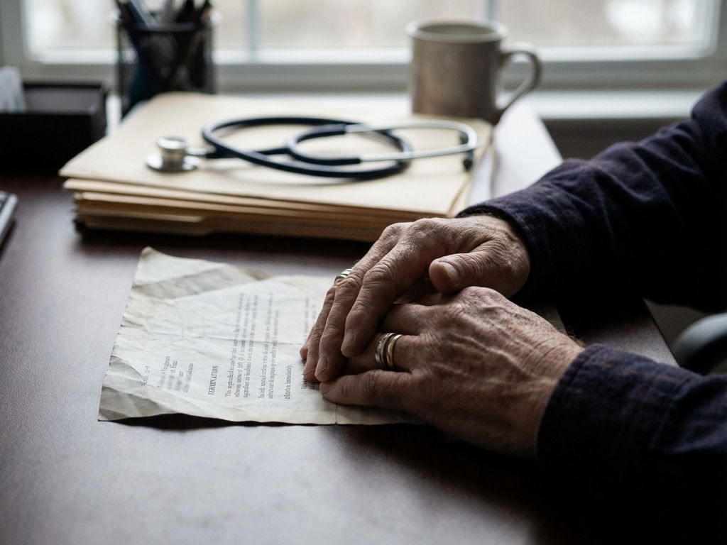 Verweerde handen houden ontslagbrief vast, stethoscoop en medische documenten op bureau op achtergrond