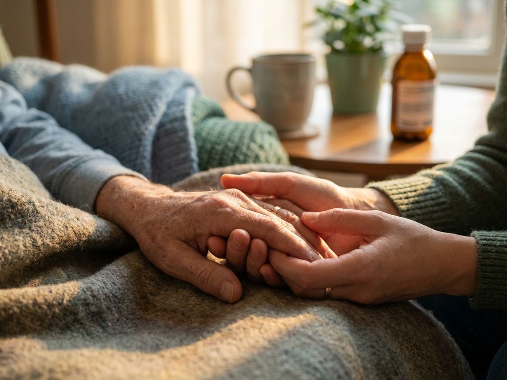 Twee handen die elkaar vasthouden in steunend gebaar, met zachte verlichting en huiselijke achtergrond met plant en medicijn